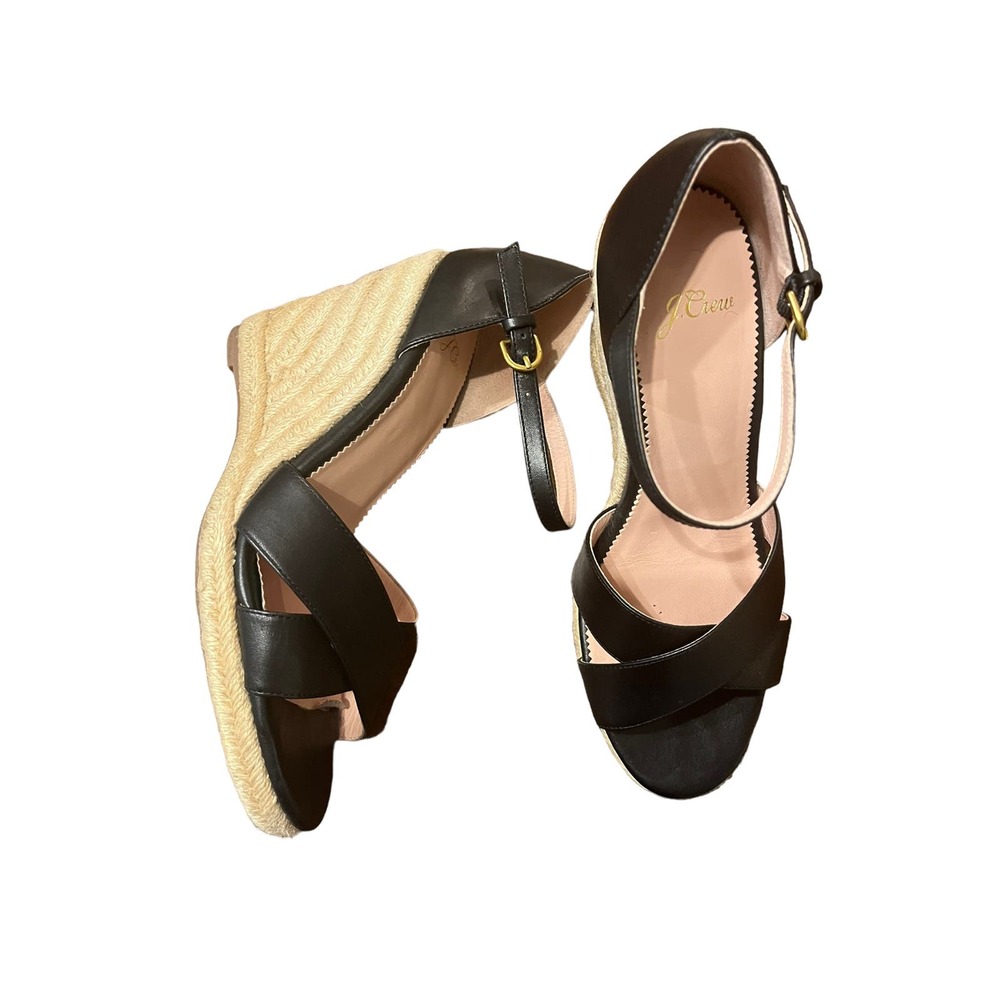 J. Crew Black Leather Open Toe Wedge Espadrilles 9